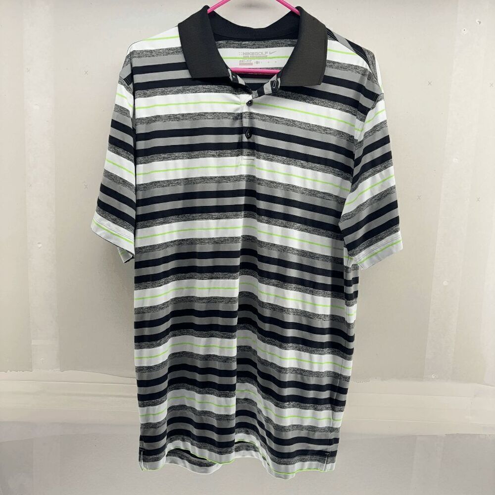 Nike Golf Tour Performance‎ Polo Shirt Mens Large White Gray Striped Dri-Fit